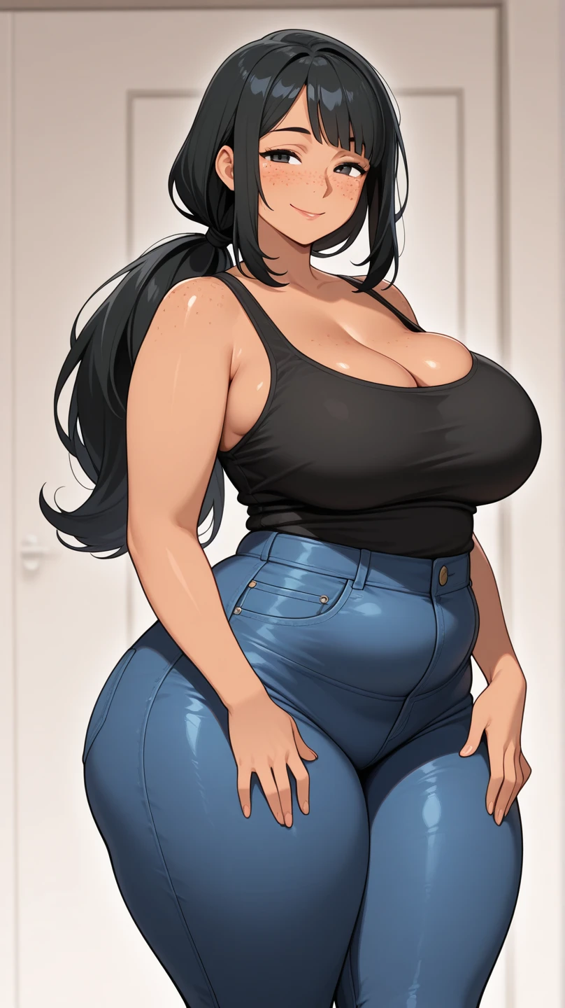 2 heads, a tall slightly chubby woman with 2 heads. In a bedroom. Wearing tight tank top, jeans. Mature. Long straight dark purple hair. Wearing bandana. Thick eyeliner. Thick eyebrows. Blushing. Cute. Happy. Smiling wide. Milf. Thick thighs. Enormous thighs. Thin waist. Wife. Seductive, sexy.