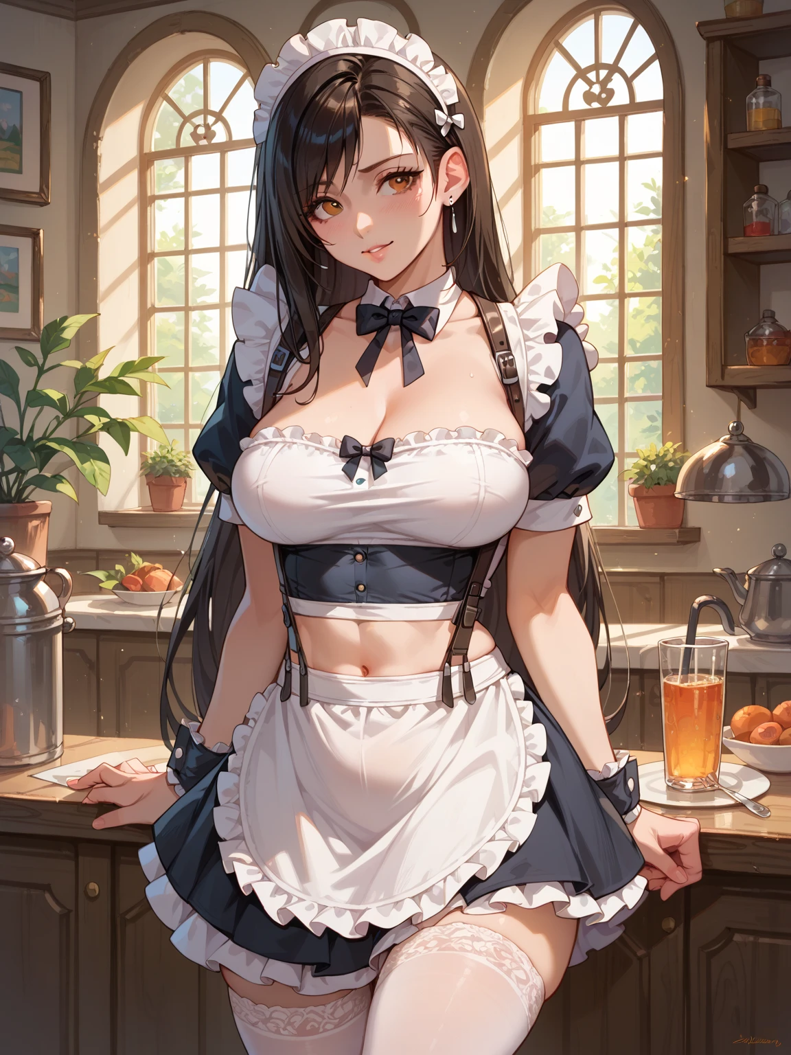((nsfw:2.0)),(swimsuit Maid),(Long Black Hair)、Blue Eyes,(hair over one eye)、(cute),