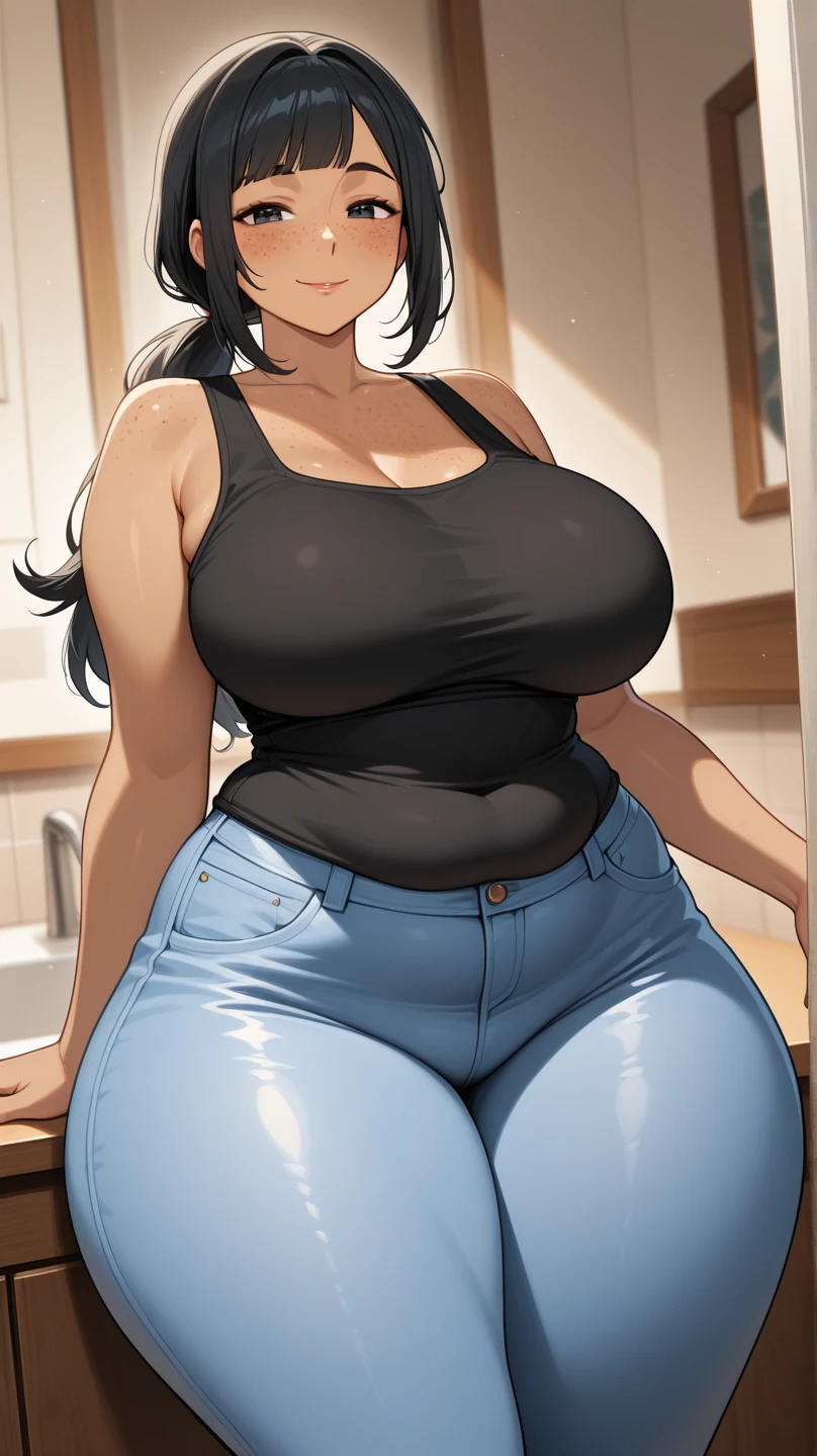 Book, (Full body:1.1)(Big breasts:1.2),smiling, flirty, cute Sfw, yelan, sweater, jeans, library sitting at table, wooden table, wooden chair, tablecloth, tea , looking at viewer, (chubby),