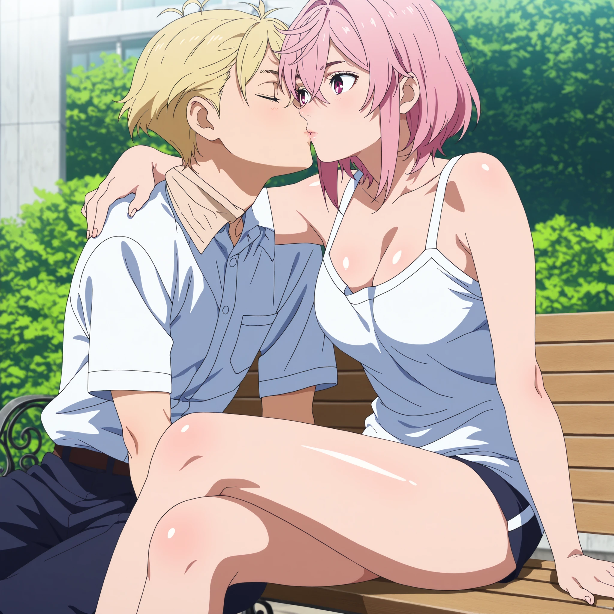 (best quality,4k,8k,highres,masterpiece:1.2),ultra-detailed,realistic,,anime,pastel colors,soft lighting,shiny skin, posing, ,soufrie, aira shiratori , ( with older boy) (blonde haired boy),(aira shiratori, short hair, bangs, hair between eyes, pink hair, , pink eyes, , , anime screencap),,, , ,, at school, outdoor, sit on a bench, kissing a boy