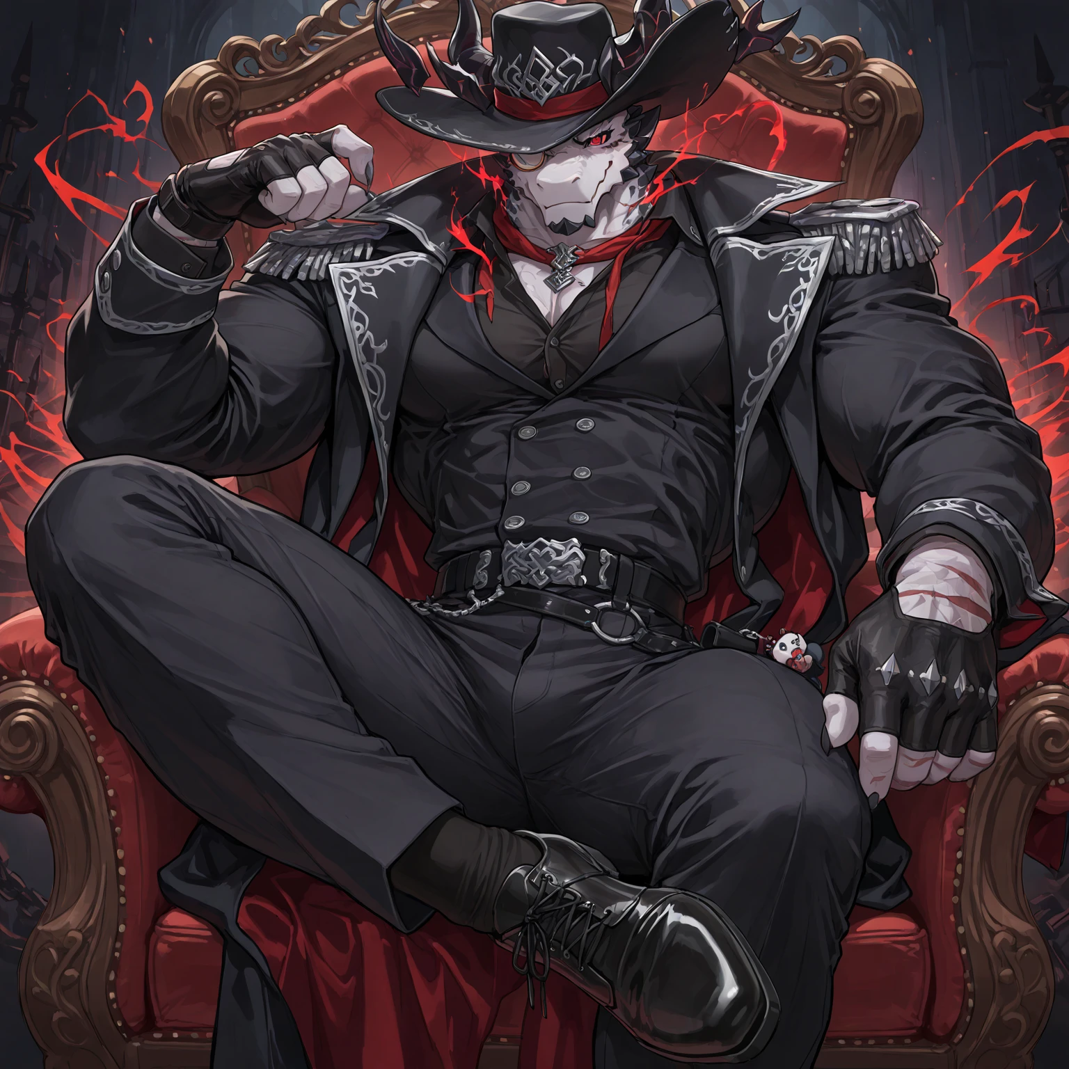 villainous black hat smoking sitting in a devil throne in hell