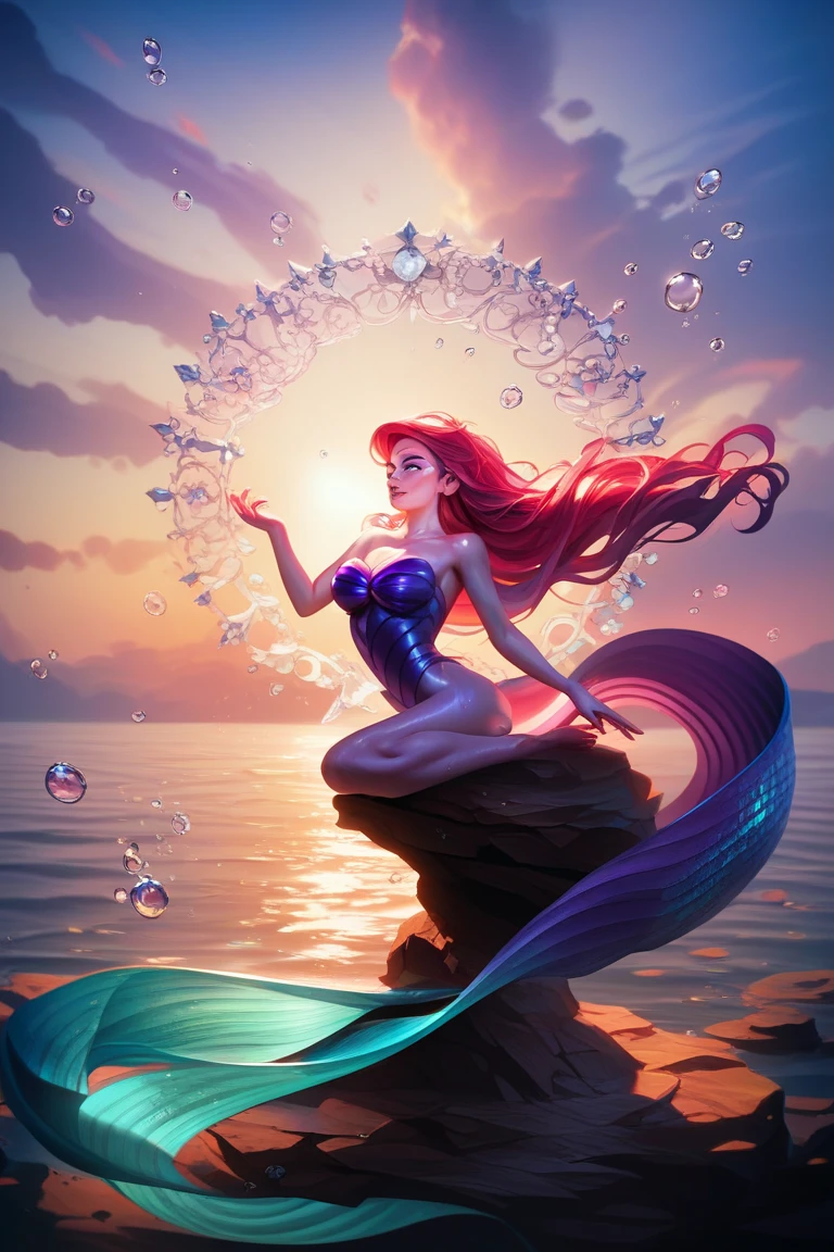 mermaid, underwater, long mermaid tail below waistline, pink fish scales on skin, brunette Megara wearing purple greek dress, face focus, beautiful portait, detailed face expression, best quality, official art, on night light background romantice, shinning eyes, disney animation style, best quality, digital art, 2D