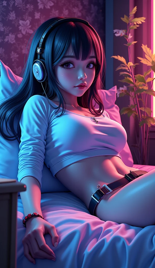 Create a top-quality image of an 18-year-old girl with a heart tattoo on her right shoulder. She has long purple hair and blue eyes, wearing a super short black crop top and just panties, highlighting her slender figure and best bust of 85. The girl is laying on her stomach, head resting on a pillow, peacefully asleep with her eyes closed and a gentle smile, as if she is exhausted and knocked out. She is adorned with chain accessories, a black wristband, and gaming headphones. The background features a neon-colored room with a gaming PC, gaming desk, gaming chair, and gaming bed, complete with a gaming console. The image should exhibit high-quality visual artistry, with intricate details.