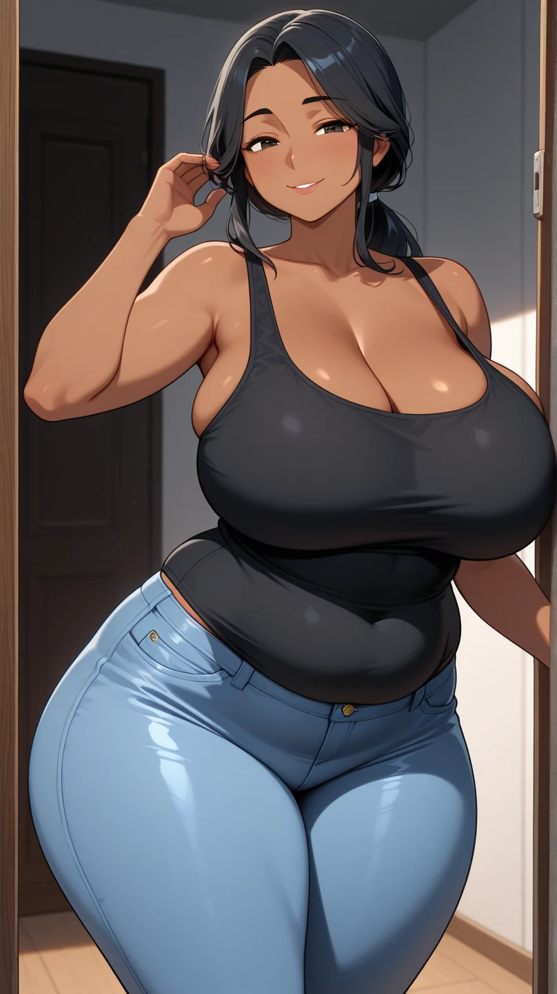 huge breasts, big hips, Tank top, denim shorts, full body shot, Mature mother, Whip lower body, plump thighs, calf, bewitching mature woman, perfect body, plus size model,
