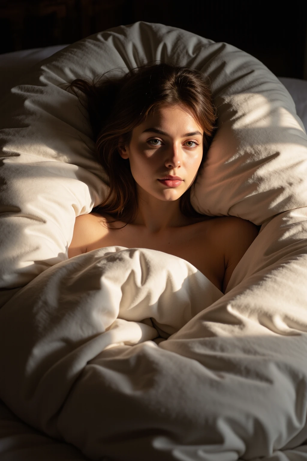a young woman
sleepy smoky eyes beautiful ,
cozy, lying in a room with a view of a forest
dark art , dim light, rim light, dark shadows, dramatic lighting,
Half open mouth