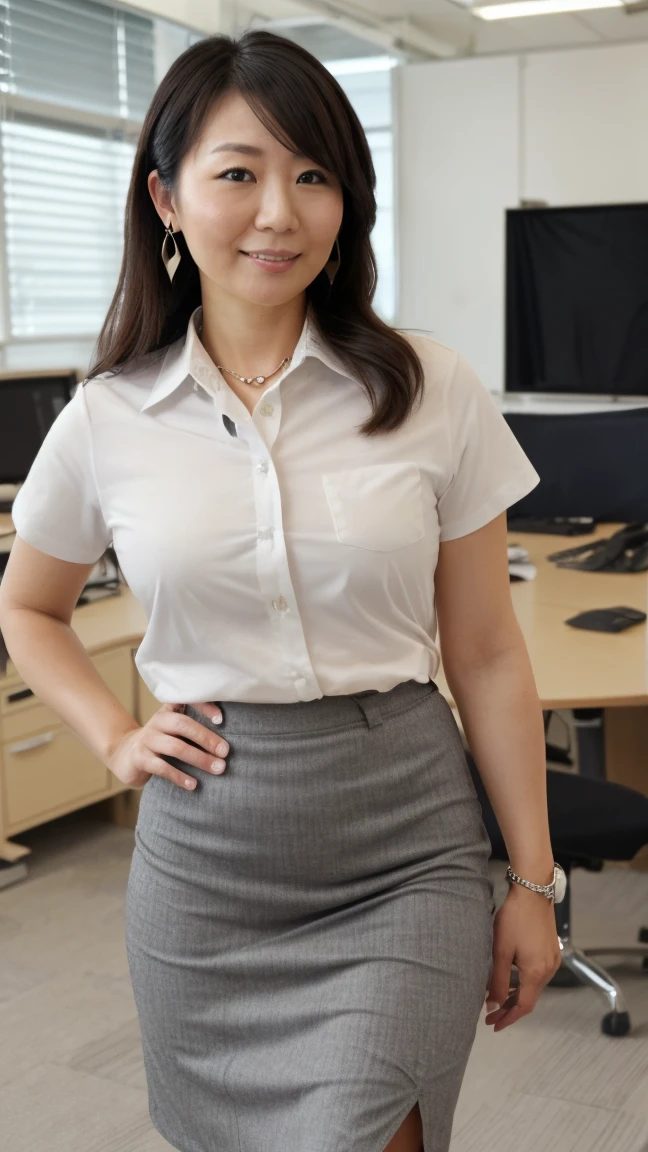 ((highest quality, 8K, masterpiece, portrait: 1.3)), (looking at the viewer), (full shot:0.85), attractive business mature woman, 1 person, a little chubby:0.４,brown medium hair、 white collared shirt, gray tight skirt,((big breasts 1.8)) (big pelvis:0.9), ((Are standing)), smile:0.2, conference room、,good posture、カーテンを閉め切ったconference room、a little dark room、


