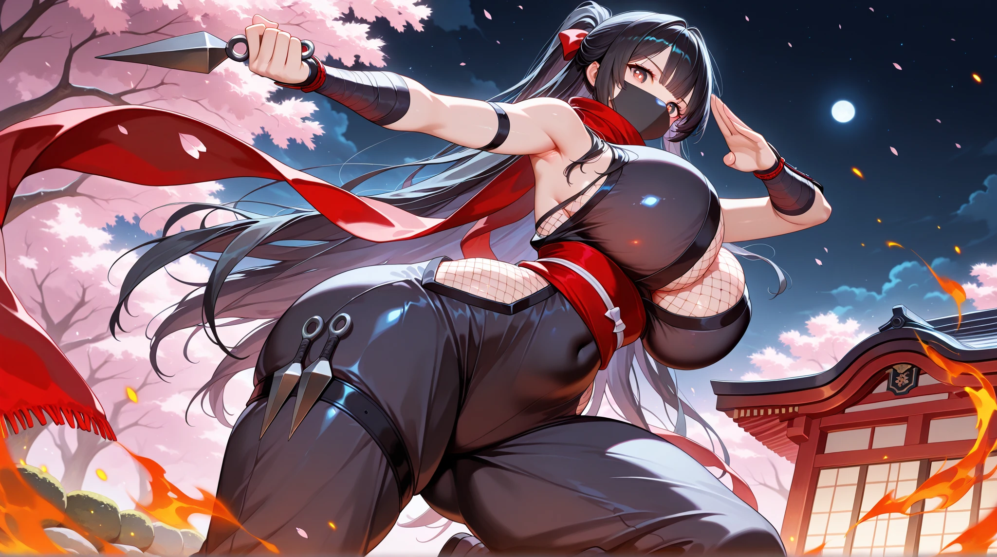 ((Highest quality)),(Ultra-high resolution),(Very detailed),(The best CG),(masterpiece),RAW Photos, 8k、(1 girl), Glowing Skin, shiny big, dark red eyes, Sharp focus: 1.2, Very detailedな顔と肌の質感, Detailed eyes, Perfect Face, Perfect body, art, CG, Blur the background, Black Hair、 Holding a sword、 Female Ninja, Cleavage, Pelvic Curtain, Fishnet tights, Tight black bodysuit, Armor、ponytail, Large with presence, On the roof of the Japan castle, moon, Midnight, Cowboy Shot, Dynamic pose, anger, Speed Line, Finding pose, (Finding), Jump,Blur the background
