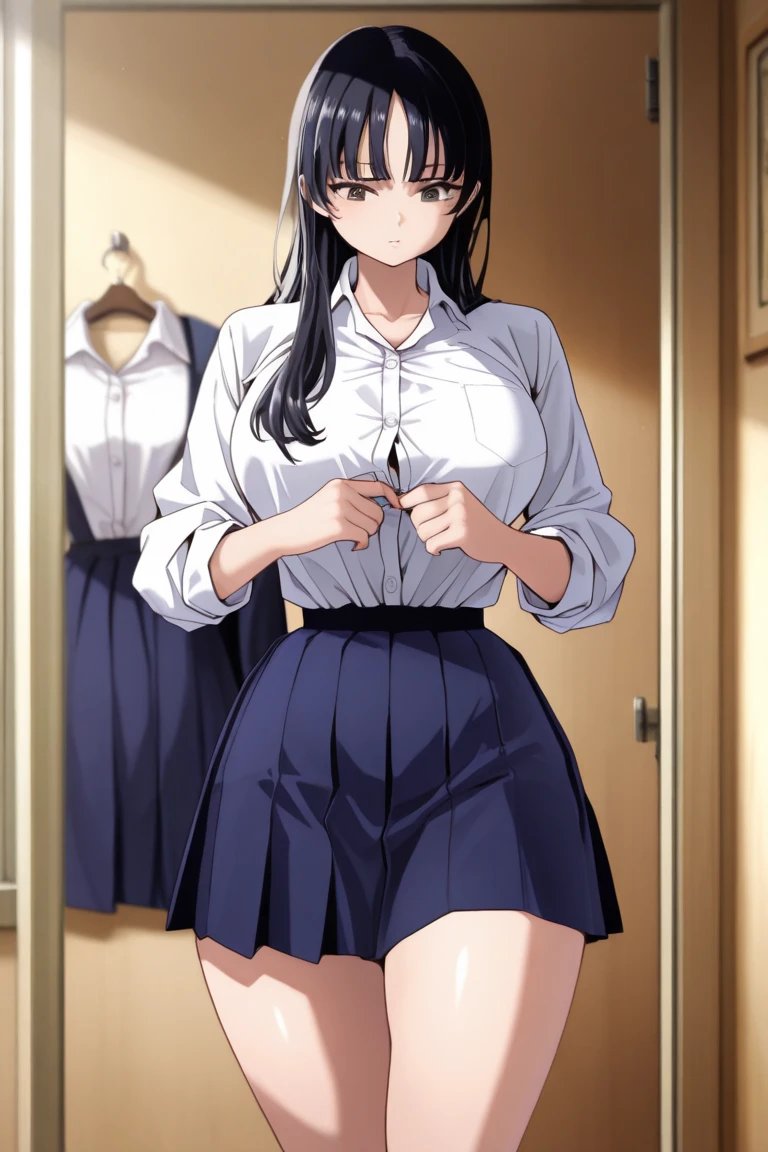 Best Quality, masterpiece, ((Solo, 1girl)), Komi shouko, fine detailed shiny eyes, medium chest, high resolution, best lighting, extremely detailed illustrations, blush, embarrassed, smile, open mouth, crotch seam, cameltoe, day, dripping wet, stained white panty, very NSFW, female masturbation, no bra, wet shirt, hot, extremely aroused, female orgasm, vaginal squirting, schoolgirl outfit, lifting skirt,