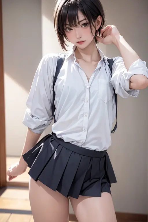 (Sillamäe:1.5), A slender, ​masterpiece, top-quality, Raw foto, Photorealsitic, faces, Incredibly absurd, beautiful a girl, cute little,Short messy hair, depth of fields, hight resolution, ultra-detailliert, finely detail, ighly detailed, extremely detailed eye and face, Sharp pupils, Realistic pupils, foco nítido, Cinematic lighting,Schoolgirl Uniform、Sheer white shirt、Navy blue ribbon at the collar、Dark blue pleated micro mini、appearance々Sexy Poses、White panties are visible from the skirt、20 years girl、Lift the hem of the skirt with both hands to show panties、is looking at the camera、summer clothing