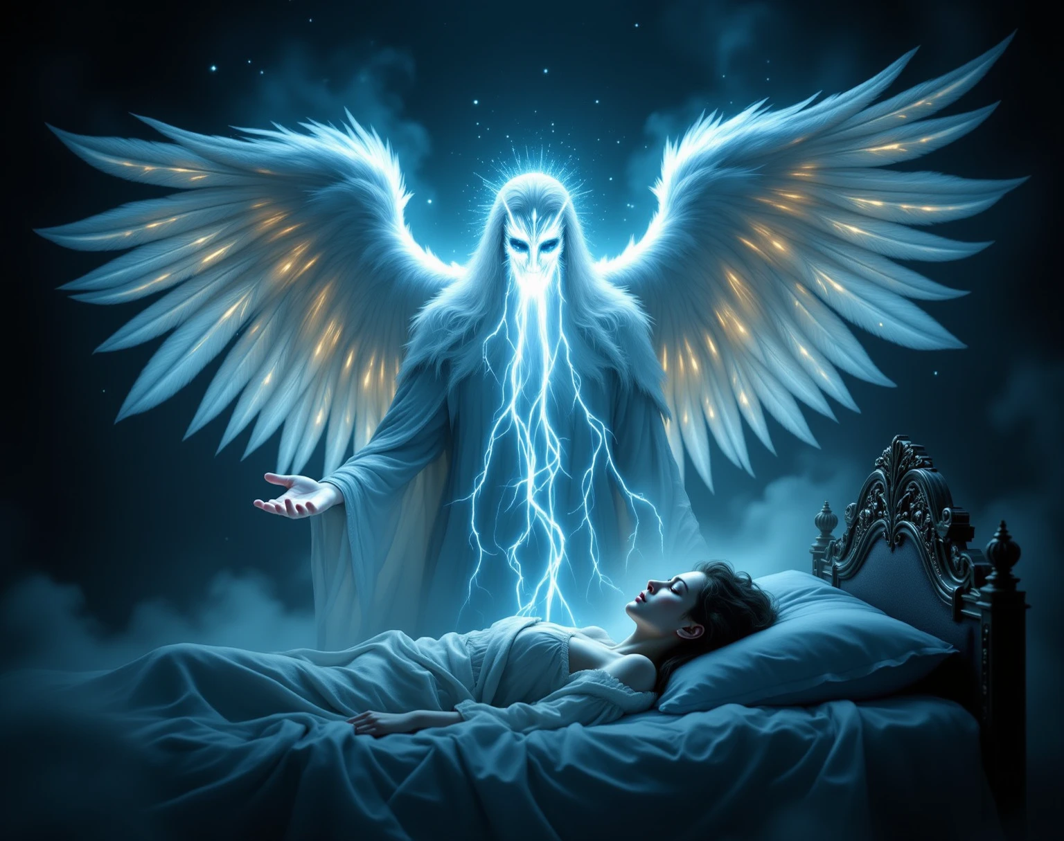 generate an image where a man is dying on the ground and from above a warrior spirit of life observes him, and 3d, 4k