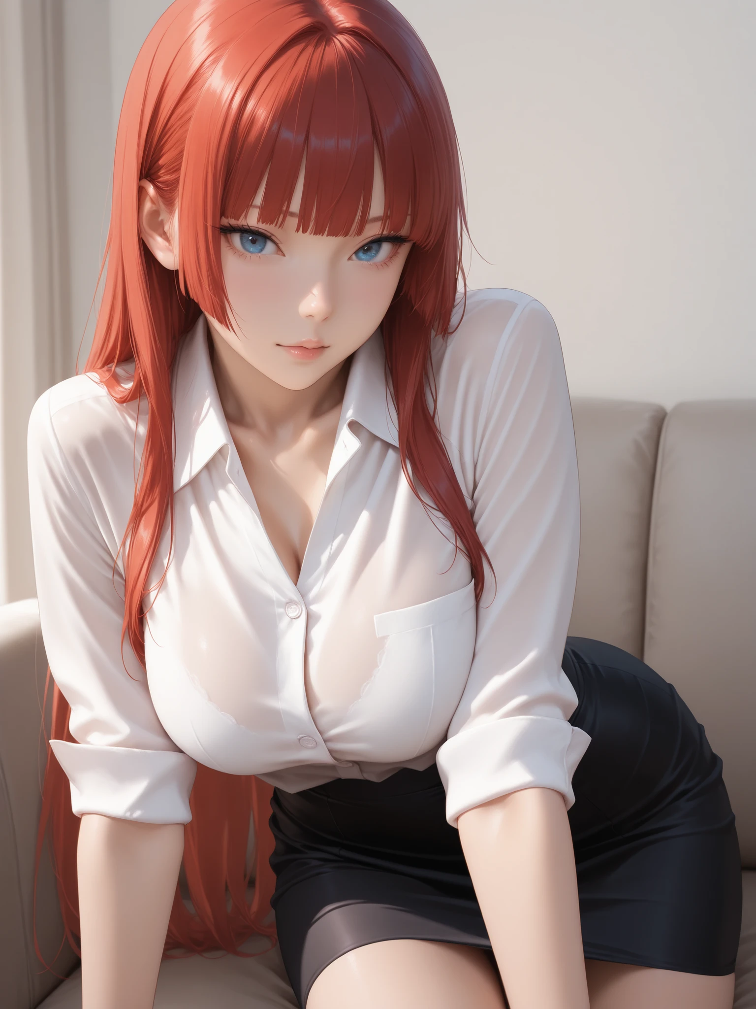 masterpiece, best quality, finely detailed, 1girl, (orange hair), (bishoujo), cute, (light green eyes), (eyelashes), (average size ), (cleavaite shirt:1.2), (open shirt), black pantyhose nyloden. sitting on a sofa, lamp, window, night, delicate interior design, fox ear, Fox's tail,