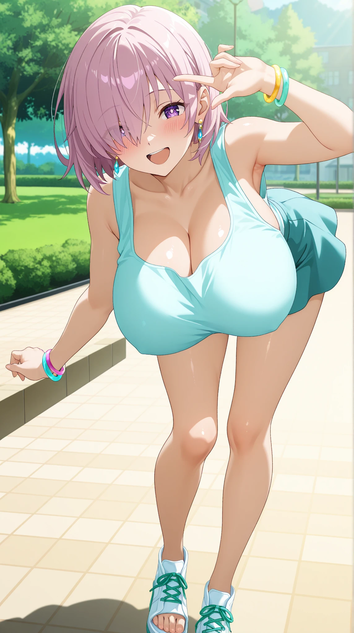 ((highest quality)), ((masterpiece)), (detailed), Perfect Face,、Green Hair、fluffy hair、Short Hair、Big Tits、naked、Rubbing her breasts、Volleyball Player、In the process of taking off clothes、Shiny nipples、Sweating、Muscular、Show your side、baring teeth、