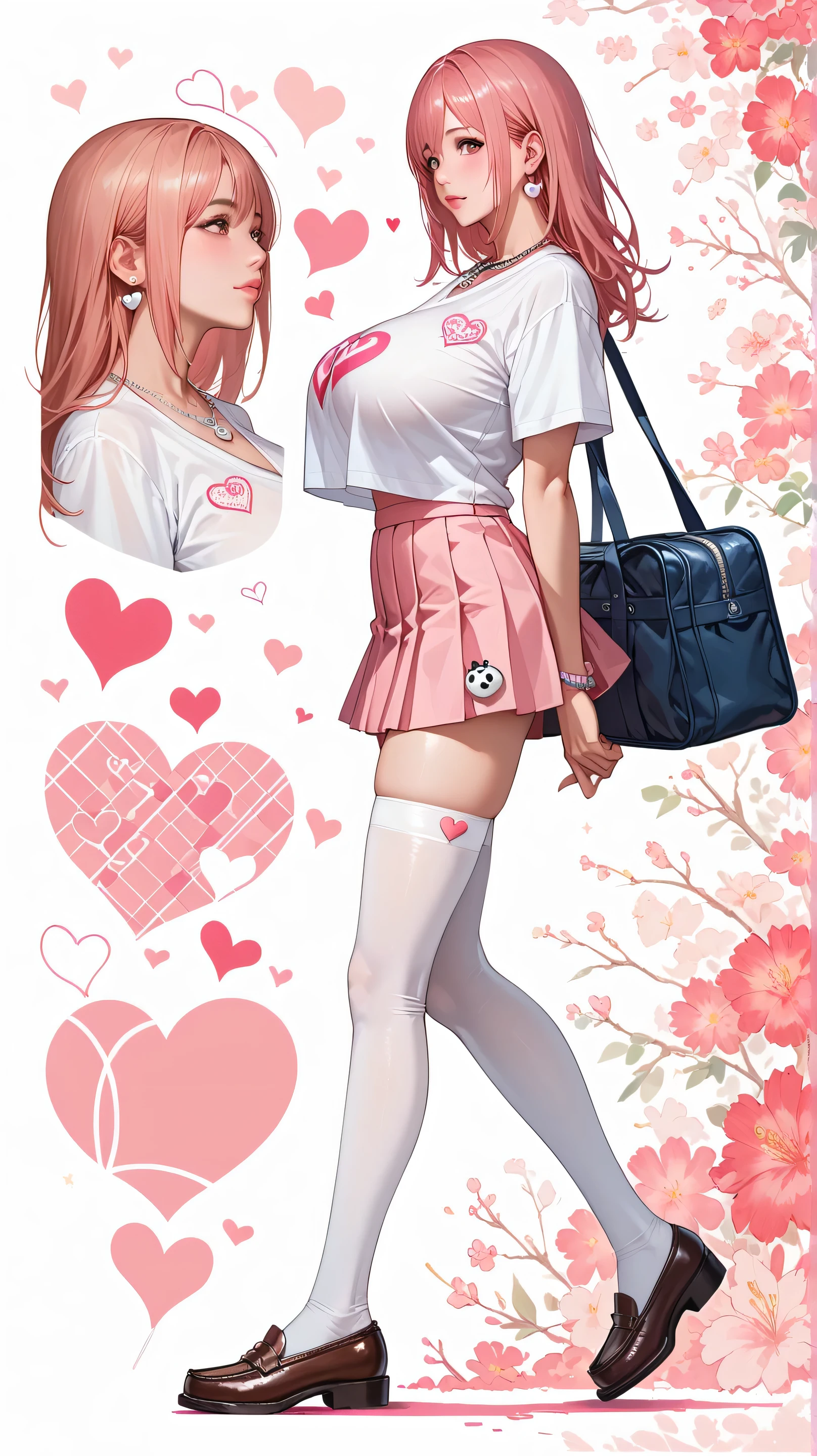 Japanese beautiful girl, huge breasts, cowboy, full body, 乳沟,低胸, ,earrings, necklace, close up
, many little hearts, colorful background, pink hair, honoka ,
walking, long legs, side view, Loafers, thigh-high stockings, ultra-mini skirt, tight shirt.Abstract background, school bag