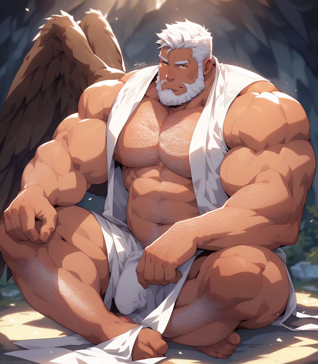 by chunie by catsudon by retros, male,((mature,mature male)),((Bearded,mustache)), felid, solo, Lion,(white hair), facial hair, facing viewer, (((closed eyes))), ((smilling)), feline claws, ((5 fingers)), red and orange spiral background, (naked,nude),(penis), smile, ((((ok gesture)))), palm forward,