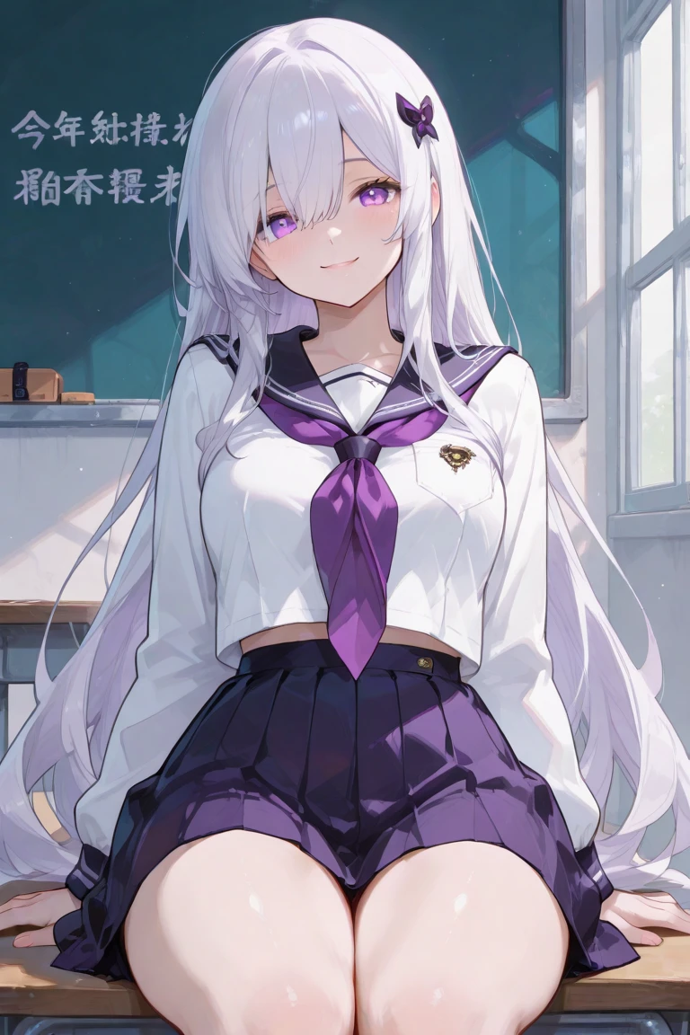 ((paimeng girl))(hoodie:1.3),classroom,, masterpiece, best quality,write leather boots,1girl, 独奏, thighhighs, Paimon (genshin impact), long sleeves, white dress, dress, Halation, thighhighs under boots, single thighhigh, bangs, boots, hair between eyes, white footwear, white thighhighs, white hair