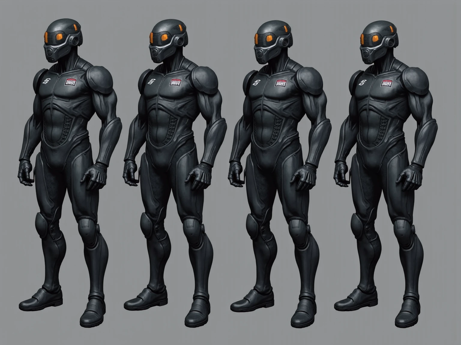 1boy, reference sheet, character design, front angle, side angle, rear angle, dynamic poses, (masterpiece:1.2), (best quality:1.3), (reference sheet:1.5) ((Best Quality, 8K, ultra-detailed, Masterpiece: 1.3)), 1boy, full body image, shiny skin, sharp, Perfect Body Beauty, realistic shaded perfect body, muscular male, huge and voluminous shoulders, shapely neck Big Breasts, chiseled abs, huge muscles, bodybuilder body, 300 lbs, (((back))) Broad back, shapely trapezius, toned deltoids, voluminous lats, (closed helmet, plain helmet, helmet with mask, expressionless male mask,:1.1), legs not too far apart, ("bodysuit, big bulge muscles ":1.2), ("leggins, armor":1.1), legs not too far apart, ("glove, armor":1.1 ), ("jet black armor":1.1), (techwear) (dynamic pose:1.1), thigh , battle field , (bulge focus:1.2), 3d, cartoon