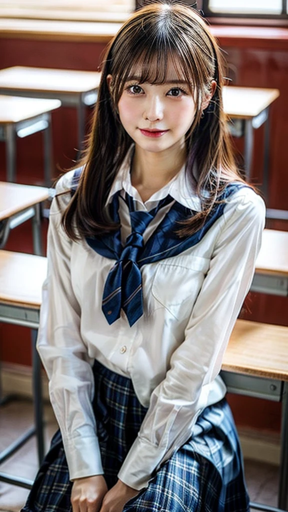 fully body photo, masterpiece, The highest image quality, High quality, the background is blurry,Beautiful woman, 18-year-old, Japanese, Detailed, Detailed eyes, Detailed skin, Beautiful skin, 超hight resolution, (reality: 1.4),Very beautiful woman, Slightly younger face, Beautiful skin, slender, (Ultra photo realsisim), (hight resolution), (8K), (Very detailed) (beautifully detailed eyes), (super detailed), (Detailed face), view the viewer, Fine details, Detailed face, Seductive Smile, very large round breasts, Staring straight ahead, Staring straight ahead, photos realistic, Bright lighting, Professional Lighting, Black hair, ponytail,a baby face,eighteen years old,Hairstyle: ponytail,wear a white ribbon,Long ponytail hairstyle,An amusement park,natta,Enjoying dating,Angle from waist up,standing and posing, Serafuku,Classroom,high , tight shirt, short sleeve white shirt, translucent shirt,Sailor suit,Navy blue plaid skirt, miniskirt, red sailor knot scarf
