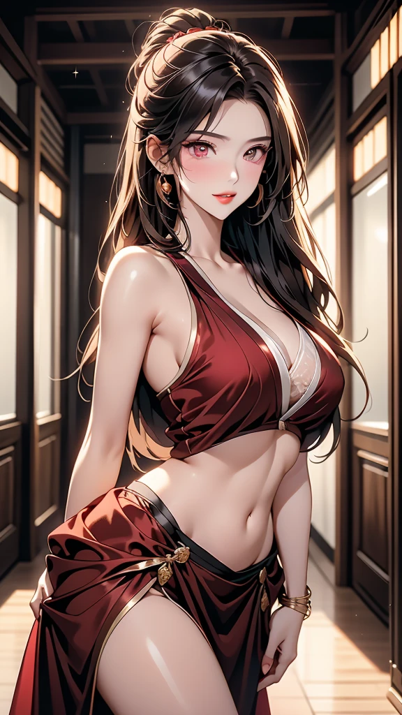 (8K HDR photorealistic pic), Betty Boop, short, althetic, curvy lady, ((tight little red dress)), dark eyebrows, black lipstick, (hoop earrings), dark eyeshadow, black lipstick, curvy, busty, (curly short black hair), shortstack, (retroussé breasts), darling figure, (supple pouting breasts), firm thighs, hourglass figure, kerchief, big brown eyes, dancing seductively