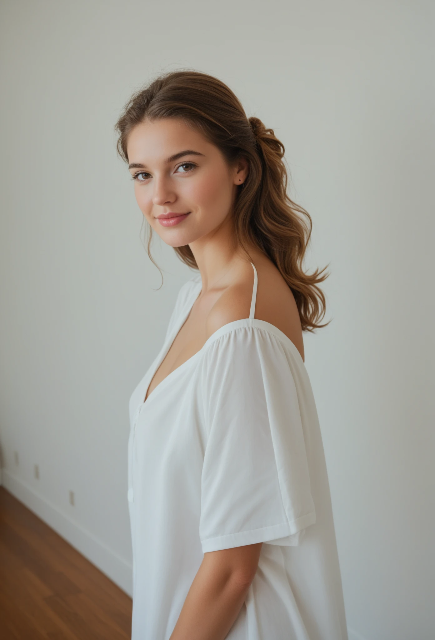 A young Caucasian woman in her twenties with slightly wavy, shoulder-length brown hair is standing in her modern living room. She wears an elegant white cotton dress with puffed sleeves and a V-neck, falling to her knees. The dress is fitted at the waist, highlighting her figure, and finishes with a slightly flared hem, adding a touch of lightness to her look. Her hair is left natural, falling gently over her shoulders, framing her delicately featured face. She holds her smartphone with one hand in front of a large wall mirror, capturing a photo of herself with a sweet, confident smile. The living room is spacious and bright, with modern and stylish furniture, including a light gray sofa with cushions in different textures and colors. A light wood coffee table, a few stacked books, and a potted green plant add touches of life and comfort. A large window lets in natural light, illuminating the scene with soft, warm light. In the background, a beige rug and light white linen curtains accentuate the contemporary and airy atmosphere of the room.
