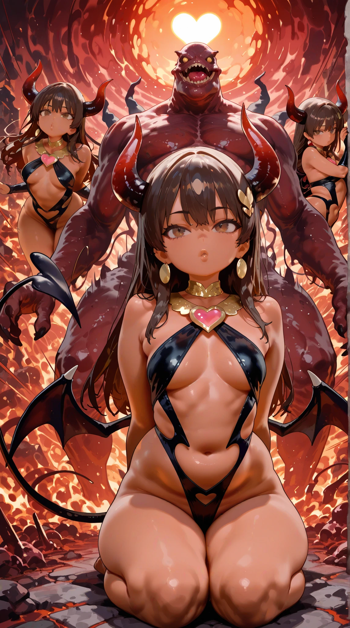 ((Masterpiece)), ((Best Quality)), 8K, HD, Super Detail, high resolution, beautiful detailed, extremely detailed, perfect lighting,((naked young woman)), full body shot, hellish nightmare, (monsters), (demons), young female exposed, exposed breast, exposed navel, (boobs),nsfw:1,1, fire, nude, beads belt, rope belt, necklace, ornaments, (tattoo), legs apart, lingerie, chain bra,exposed crotch, exposed vagina, (naked woman)
