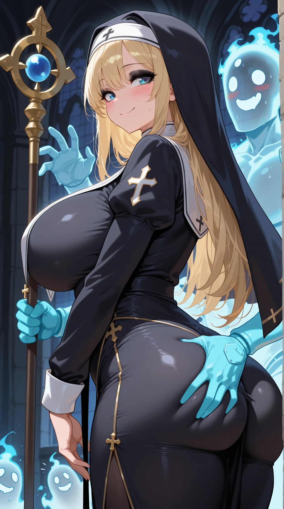 Firekeeper from dark souls 3, light blond hair, covered eyes by a metal object, medium breasts, thicc thighs, black robe, exposed breasts and nipples, detailed lips, soft smile, dark scene, shadows, nsfw, masterpiece, best quality, highres, ultra-detailed, best quality,4k,highres,masterpiece