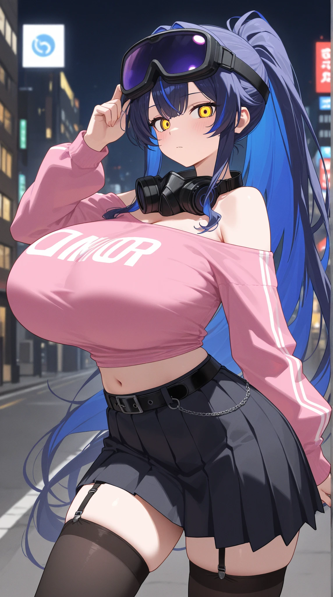 (masterpiece:1.37), best quality, (extremely detailed:1.37), woman, mature, adult, large breasts, (very long hair:1.25), dark purple hair, purple eyes, (extremely detailed eyes:1.37), crop top, cleavage, navel, jeans, open fly, desperation, (wetting: self 3.0), standing, city, futuristic, neon lighting, high-tech, street