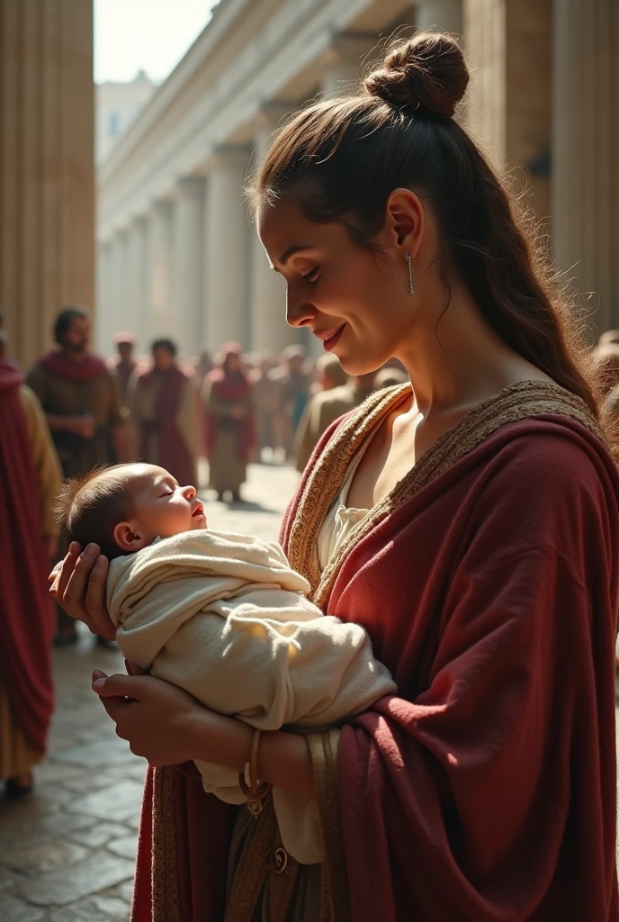 (photorealism:1.2), a noble woman, with neat hair and a firm and dignified posture that reflects his courage and determination, woman of high position, She probably dressed in fine clothes in ancient Rome with a baby