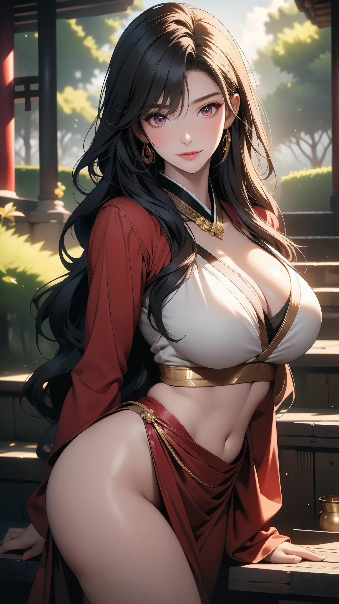 NSFW, photorealistic super nasty fox woman, big, priestess sitting on the torii gate of the shrine, fluffy priestess uniform, full body, angular eyes, hair between the eyes, hair messy, gentle and attractive, bare shoulders, delicate and sexy collarbone, full length photo, attractive oval face, double eyelids, small nose, noble, ultra high definition, super detail, elegant posture, glittering skin, wear sweat, Emphasis on thighs and crotch, camel toe