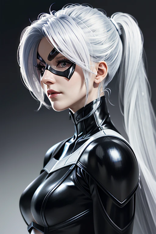 A curvy, white haired MILF wearing a silver latex super hero suit with big breasts, small mask, background filled with buildings, metal chains, metal spikes, metal studs