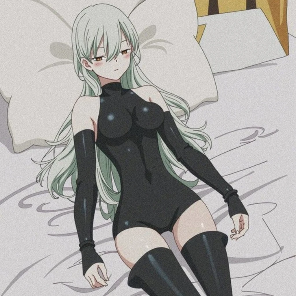 (masterpiece, best quality: 1.2) ((polished art: 1.5)) full body art, alternate costume, black, white hairband, sweatdrop, solo, black leotard, backless leotard, playboy bunny, blush, 1 girl, sitting on the floor, observing, from the side, white skin, thin, medium breasts, loose breasts, green eyes, armband, collarbone, highlighted collar, fishnet stockings, green bow tie, strapless leotard