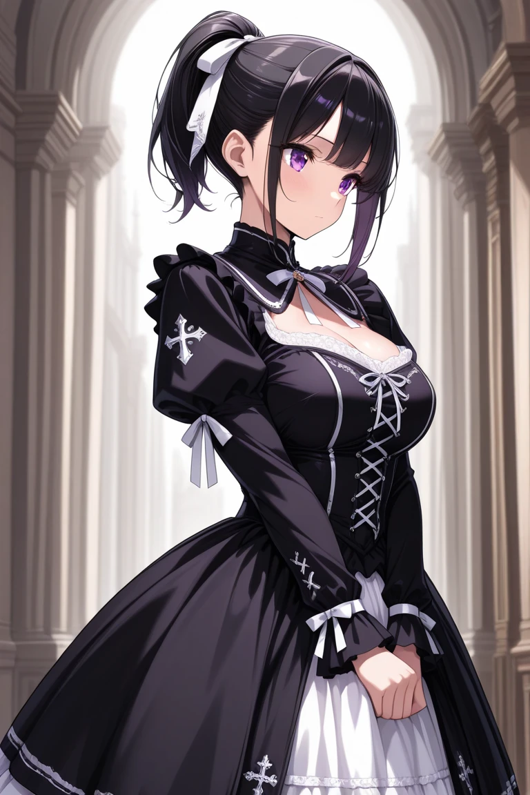 rosaria, rosaria, bags under eyes, hair between eyes, long eyelashes, multicolored hair, (purple eyes:1.1), purple hair, red hair, short hair, streaked hair, (medium breasts:1.2), BREAK bare shoulders, breasts, elbow gloves, fishnet pantyhose, fishnets, gem, gloves, gradient, nun, pantyhose, red gemstone, skindentation, thigh strap, tiara, white gloves,lace,
BREAK looking at viewer,
BREAK indoors, church,benches, candles, fire,
BREAK (masterpiece:1.2), best quality, high resolution, unity 8k wallpaper, (illustration:0.8), (beautiful detailed eyes:1.6), extremely detailed face, perfect lighting, extremely detailed CG, (perfect hands, perfect anatomy),from above,upper body.