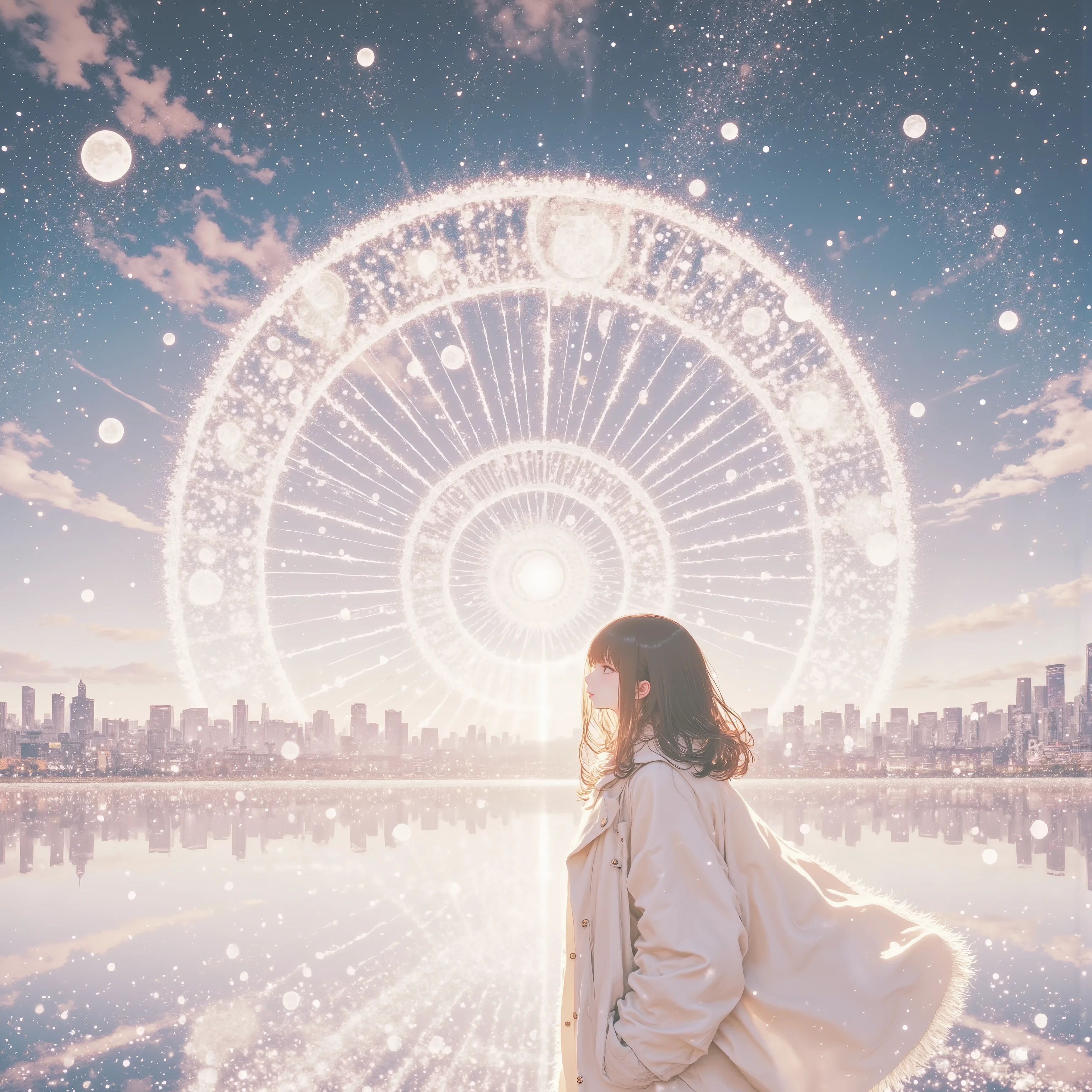 (masterpiece:1.2,Exceptional Quality,Mirror-like,Cinematic Experience,stylized color),,,,,,8k,wallpaper of extremely detailed CG unit, ​masterpiece,hight resolution,top-quality,top-quality real texture skin,hyper realisitic,increase the resolution,RAW photos,best qualtiy,highly detailed,the wallpaper,cinematic lighting,ray trace,golden ratio, BREAK ,many stars twinkling in a beautiful bright winter night sky, long exposure starry sky with many circular orbits, silhouette of a cute young woman with long hair with her hands in her coat pockets looking up at it, photo taken from long distance, photo from below, beautiful kaleidoscope multiple exposures overlapping,, ,depth of field,  bright image, cinematic lighting, lens flare by sun, fede edge frame, 