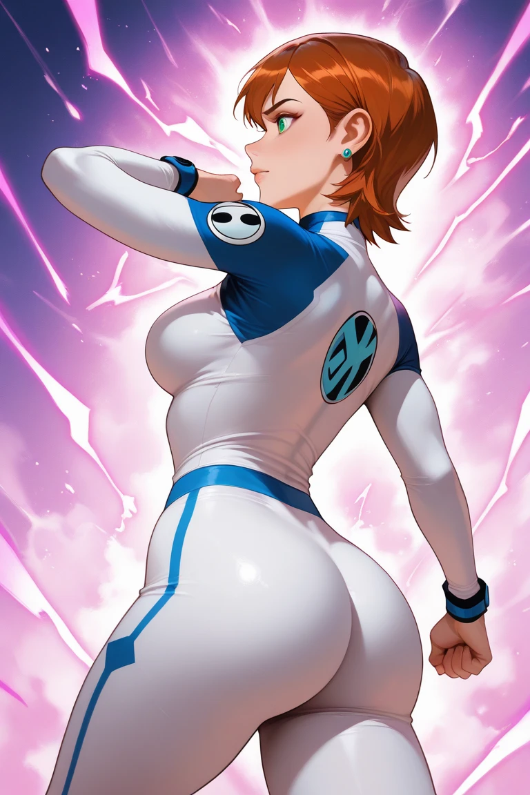best quality,ultra detailed,solo,score_9, score_8_up, score_7_up, score_6_up, score_5_up, score_4_up, source_anime, 1girl, clara, blue hair, hair tubes, grey eyes, bodysuit,big breasts, sexy pose, (behind view,portrait),full body, sranding on lava,heavenly ass, heavenly breasts, big ass, no shoes, wearing white heels, upset, cute, face, long legs, tight bodysuit, tight sleeves, white bodysuit, half-closed eyes, backside