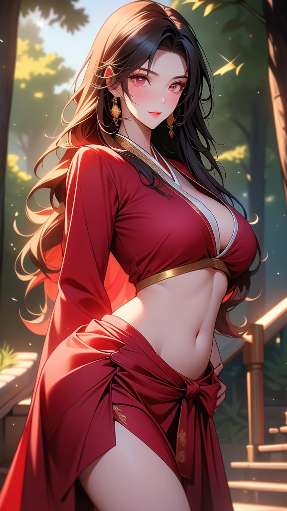 full bloom, Lens reflections, (8K, raw, professional, Best quality at best, tmasterpiece: 1.2), (current, realisticlying: 1.37), ultra - detailed, (Wide-angle 25mm portrait), (the most detailed skin: 1.2), Very delicate face, light, 1个Giant Breast Girl, with black curled hair, (Windy), Stand on the couch, dark light, looking at the camera in, Large breasts, Black and red shirt