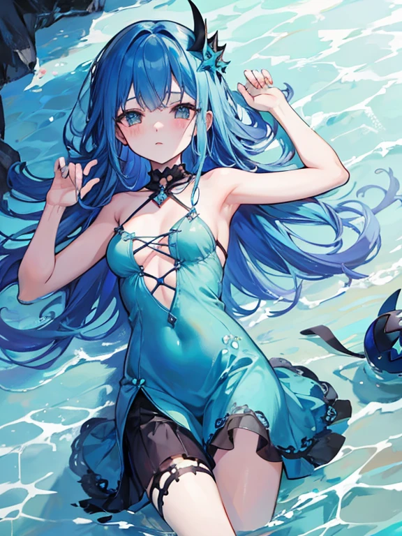 A blue fish tail mermaid with no legs, no knees, long blue hair and bangs. blue miniskirt ocean flower