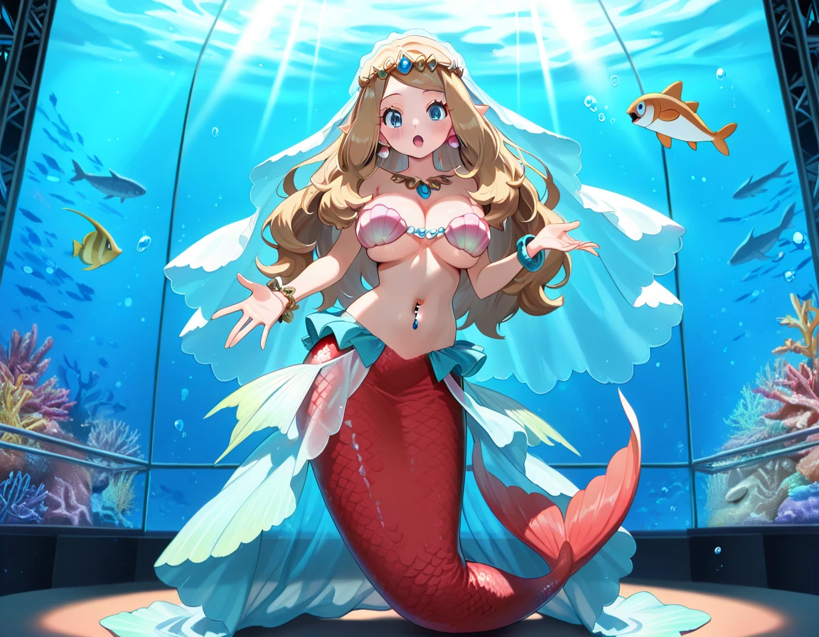 (masterpiece), best quality, expressive eyes, perfect face,1girl,mermaid misty \(pokemon\), long hair, shell bikini,big breasts,cleavage,navel,full body,underwater background,pointy ears,long hair,hair ornament,(strapless patterned shell bikini),blush,(blank yellow eyes),light smile,shell pendant,breast hold