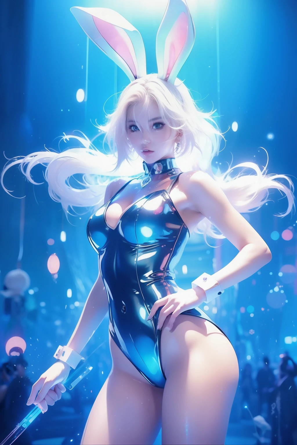 ((in the style of Jim Lee)) Masterpiece of top-quality and best resolution (1.2),
(Marvel's Dazzler stands fierce), under neon-lit city backdrop, with fireworks exploding overhead,
(Long blonde hair, invoking powers), trailing bright light behind, illuminating white punk rock outfit,
(Glimmering outfit with vinyl records), referencing music-themed powers scattered around,
(Dynamic pose with electric aura), striking fear in the hearts of onlookers,
(Her unique sound waves emanating), from outstretched hands with neon-blue glow,
(Jim Lee rendering style, ultra-detailed),