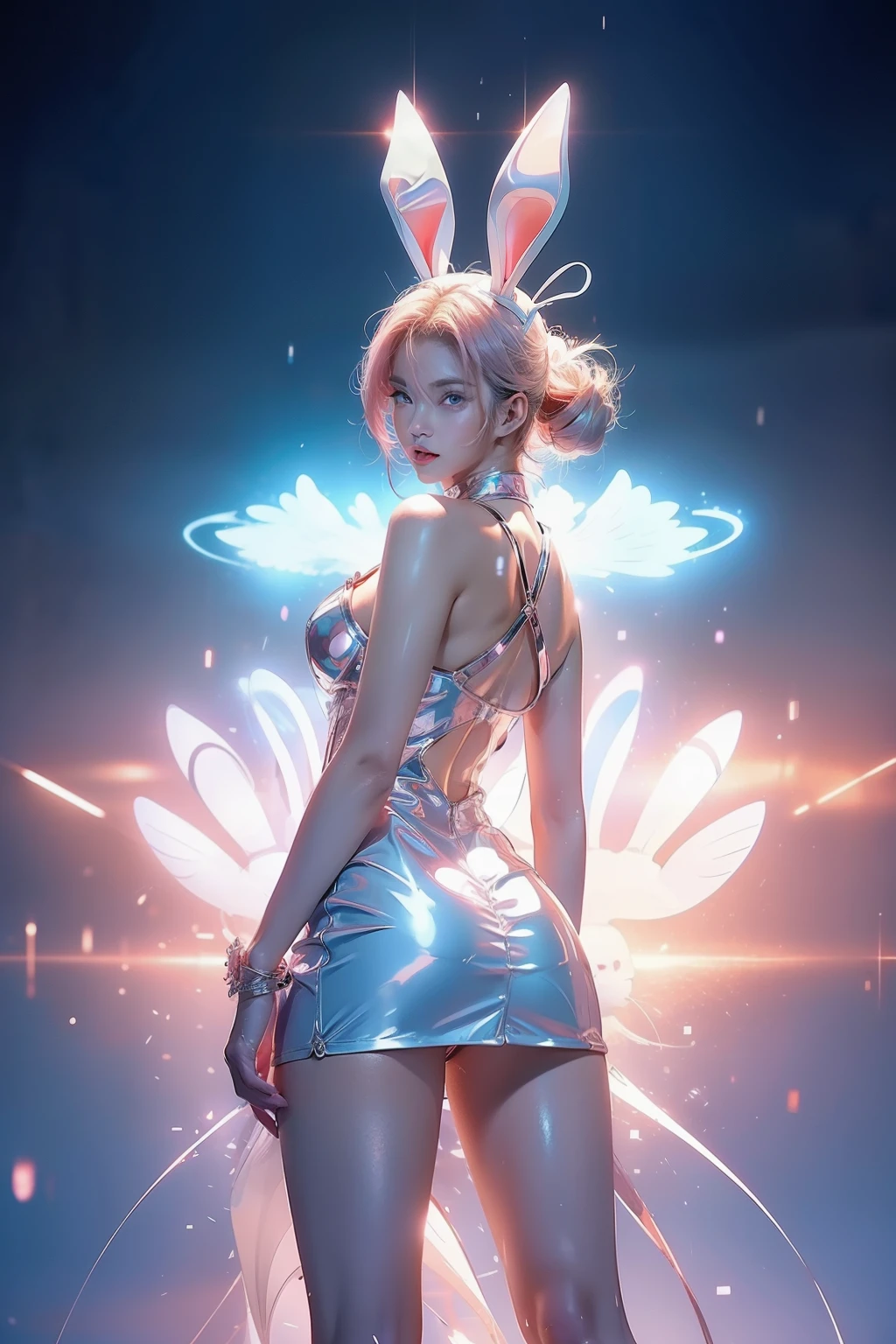 female cosmic fallen angel, bright light eyes, deeply sexy, sensual, otherworldly, enchanting, dreamy, Very bright colors, light particles, with luminous light, Mshiff, wallpaper art, UHD Wallpaper, topless, huge breasts , thin waist, long legs, hot. obra de arte, detalhado.