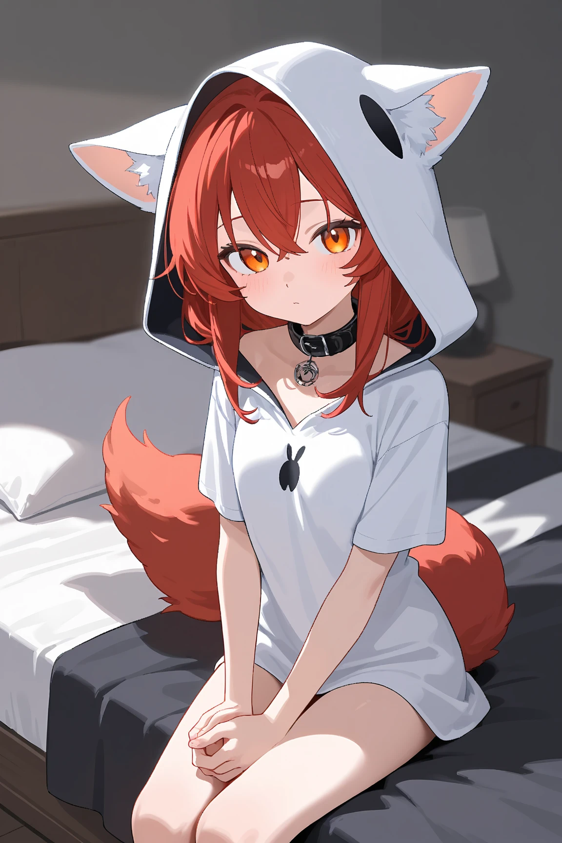 Volumetric Lighting, Best Shadows, Portrait Of Stunningly Beautiful Girl, Petite, Delicate Beautiful Attractive Face With Alluring Yellow Eyes, Small ?????, small ???????, Short orange hair, Slim Waist, Standing, (Highest Quality, Amazing Details:1.25), (Solo:1.3), Brilliant Colorful Paintings, anime character with a fox tail, a beautiful fox lady, a beautiful kitsune woman, portrait, cowprint, white hoodie, cowprint hoodie