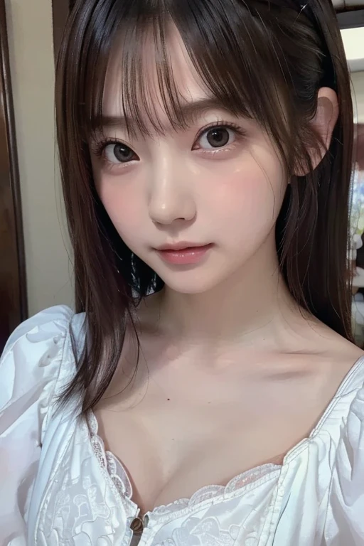 cute, (Black Hair、White mesh), ((Short Bob)), Perfect Face, An innocent smile, Upper Body,(blue eyes), (Yan), (small), (thin), ((Flat Chest)), ((Only 16)), Skin dentition, Very detailed, Attractive oval face, Red lips, pink, Glowing Skin, Thin Hair, Face Focus, Chest close-up, Gorgeous hair ornament, ((1 person)), Embarrassed expression,