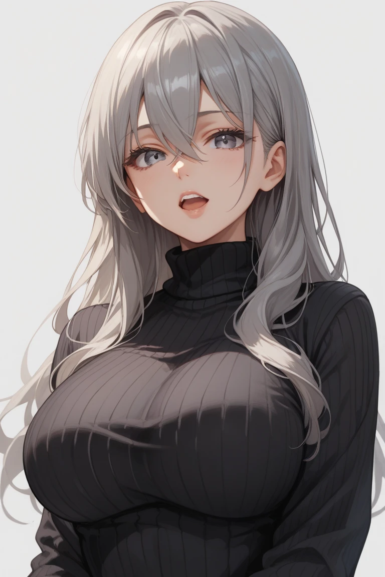 (best quality:1.5, High resolution, Ultra HD, 4k, Detailed lighting, Shaders), (High quality eyes), ( Perfect fingers),  Curly hair, Gradient hair, Large Breasts, Set, Grey shirt, Social shirts, Short skirt, Mature woman , (View), White background, Colored eyeshadow, Dramatic Lighting, Bright Eyes, Emotional expression, Gold earrings, Exquisite facial features, soft skin, High bone, city environment, White background, Don&#39;t look for the camera, Lean over,  Behind the camera, whole body，Cleavage，超Large Breasts，Sexy expression，Cleavage，