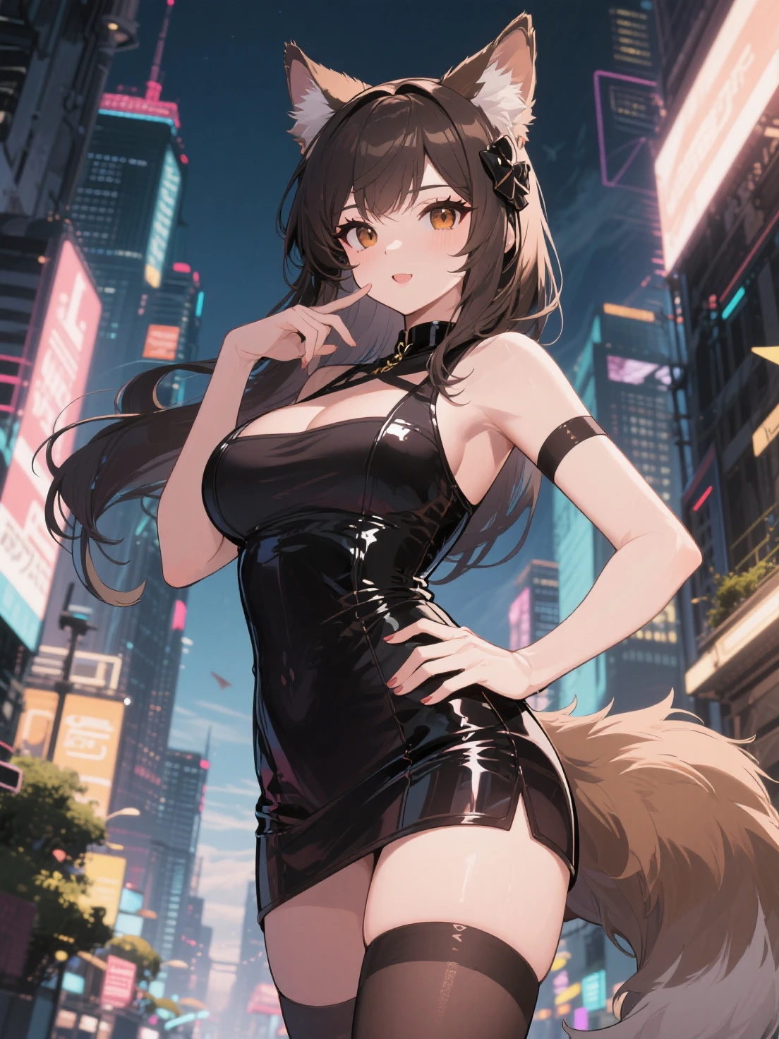 (solo), Agnes Tachyon, uma-musume, brown short hair, brown tail, BREAK, (skinny), (long skinny legs:1.2), large breasts, BREAK, (unbuttoned black collared shirts:1.2), cleavage, tight-fit pencil skirt, BREAK, forced smile