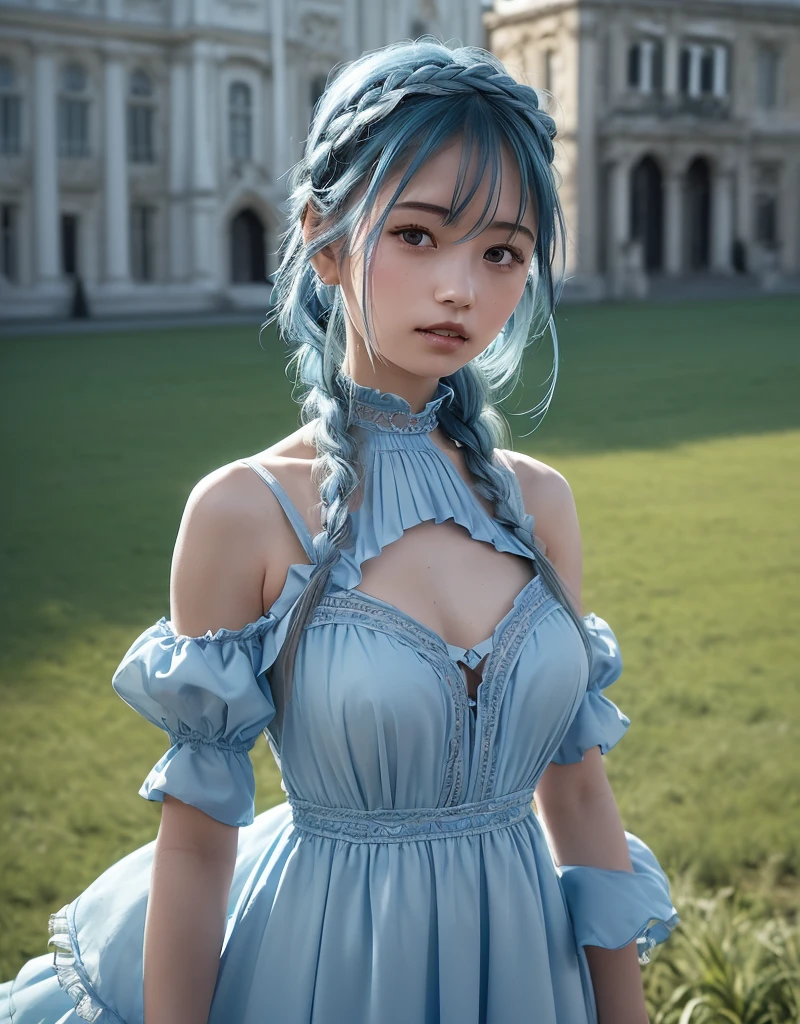 (Highest quality, 8k, 32K, masterpiece, Ultra-high resolution:1.2),Cute 18-year-old American woman image, Large Breasts, Very short bob hair,Full Body Shot,(skirt,1.1) necklace, background, View your viewers,Model pose, (((Silver streaks in blue hair))), (((Bright light blue eyes))) (((Award-winning details)) ((The atmosphere of the Disney movie Descendants)))