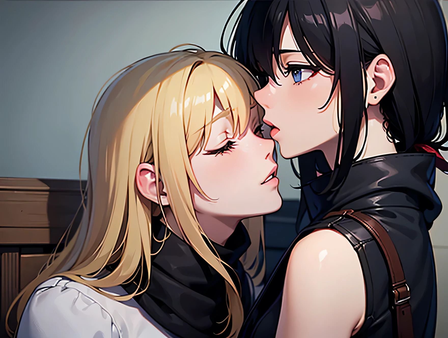 detailed illustration (side view),dynamic angle, ultra-detailed, illustration, close-up, 2girls, lesbian kiss, blonde hair, black hair, cheerleader, goth, blue eyes, purple eyes, tattoos, sitting on bed, bedroom