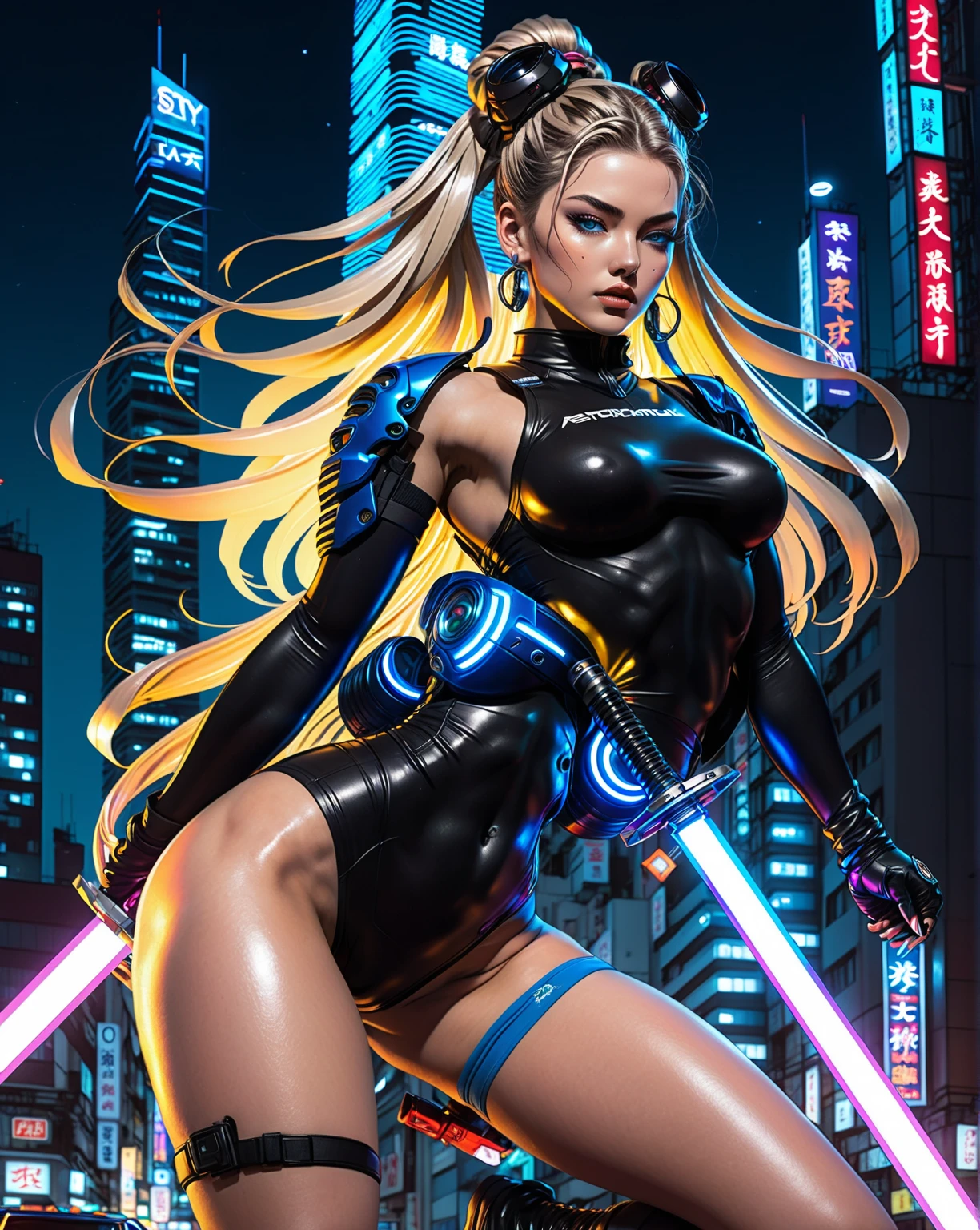 a lovely woman, sexy business attire, confident stance, wielding laser sword, ramen advertisement "obliterate your hunger", hyper detailed, 8k, photorealistic, cinematic lighting, neon colors, cyberpunk, dynamic pose, dramatic angles, chiaroscuro, vibrant colors, hyper detailed