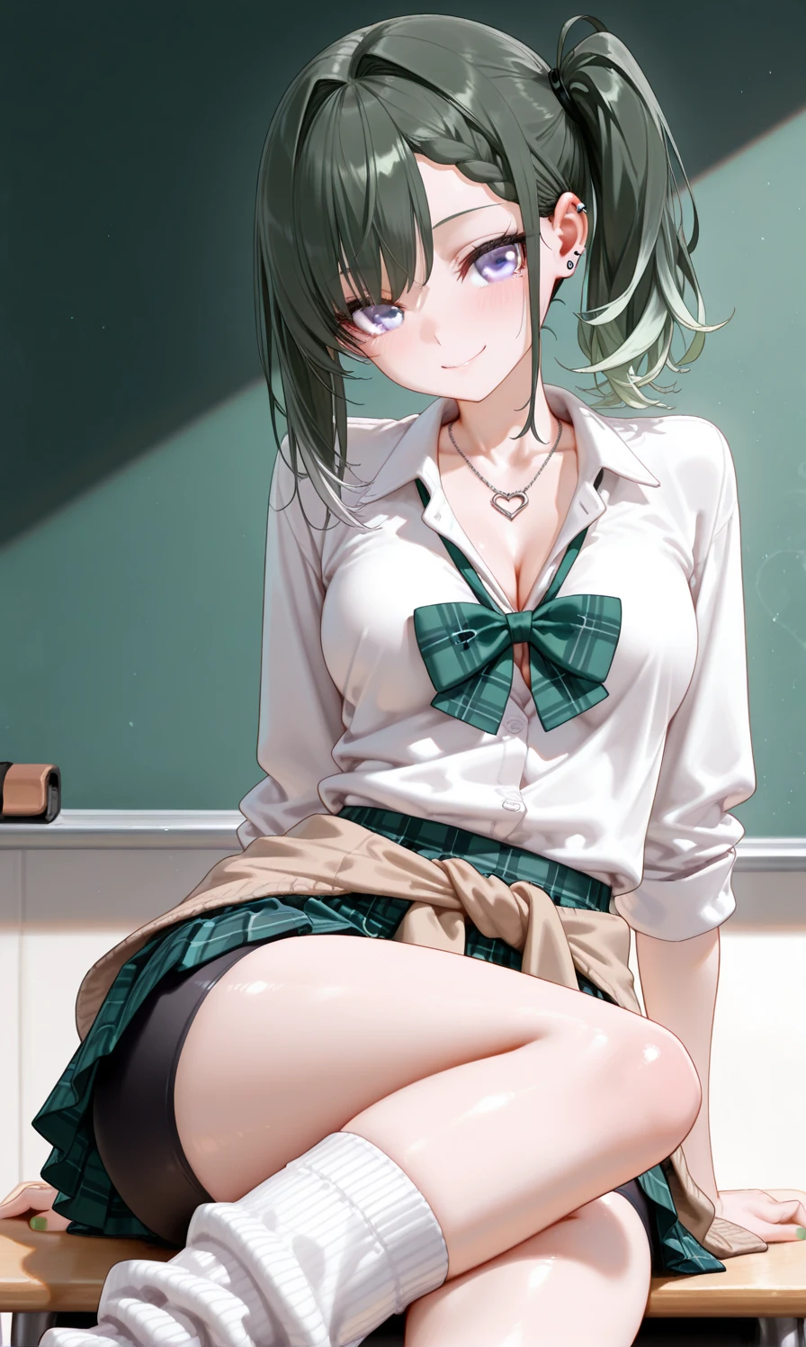 detailed,score_9, score_8_up, score_7_up, score_6_up, score_5_up, score_4_up, BREAK,blunt bangs,((green hair)),赤い瞳,幼い,shiny skin,small breasts,breasts apart,((solo)),((1girl)),collared shirt, tied shirt, cleavage, bra,navel, midriff, belted skirt, plaid mini skirt,anime style,
