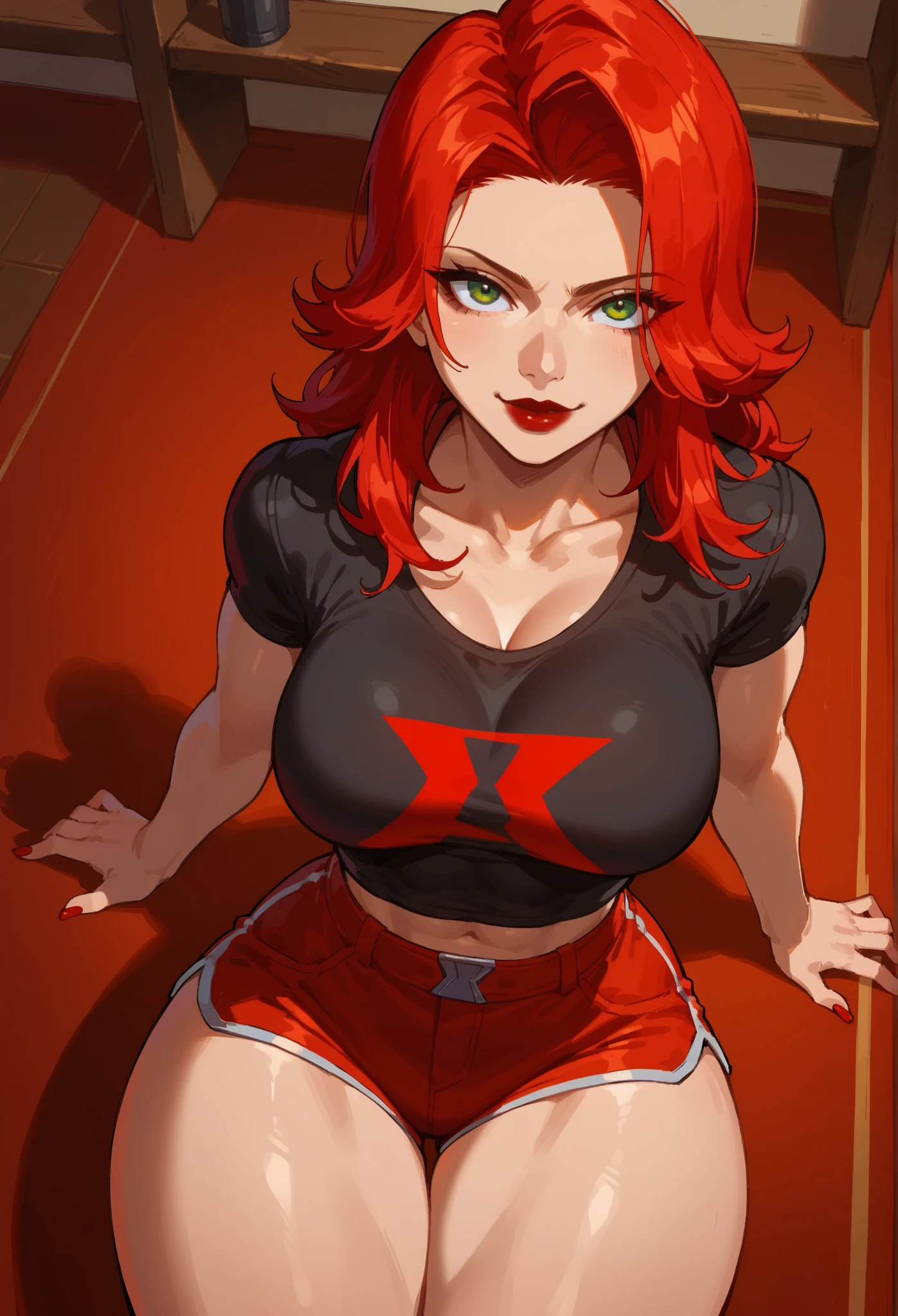 score_9, score_8_above, score_7_above, score_6_above, Expressiveh, Black Widow_Rivals , 1 , alone, beautiful, perfect tall face , long red hair, asymmetric hair , dark red lips, adjust, thin, thin waist, smile, (thick thighs), ( muscular thighs :0.5), wide hips, , black t-shirt, red bra, red shorts short, smile, (thick thighs) , indoors,