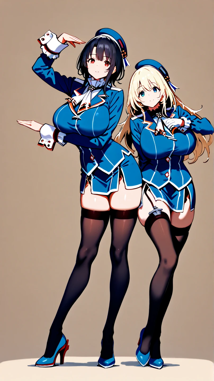 (masterpiece, best quality:1.2), 1girl, solo, blond hair, blue hairband, blue hair ribbon on the left, white breast, black gloves, knight skirt, Solid color background