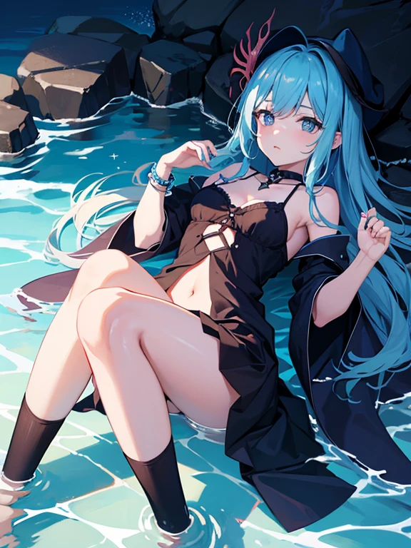 This is a hot spring on the roof of a high-rise building that is taller than other buildings in the middle of the night、You can see a lot of low buildings behind you、Photograph her from an angle of 45 degrees above、Woman bathing in a hot spring、One 27-year-old woman with small breasts、She wears a large black witch hat with sapphire accessories、White lob hair with blue-violet mesh、Blue eyes with highlights、She is soaking in a hot spring、A white bath towel is wrapped over the naked、small tits、discreet breasts、A fragile smile、hiquality、High Details、high-level image quality、4K picture quality、beatiful backgrounds