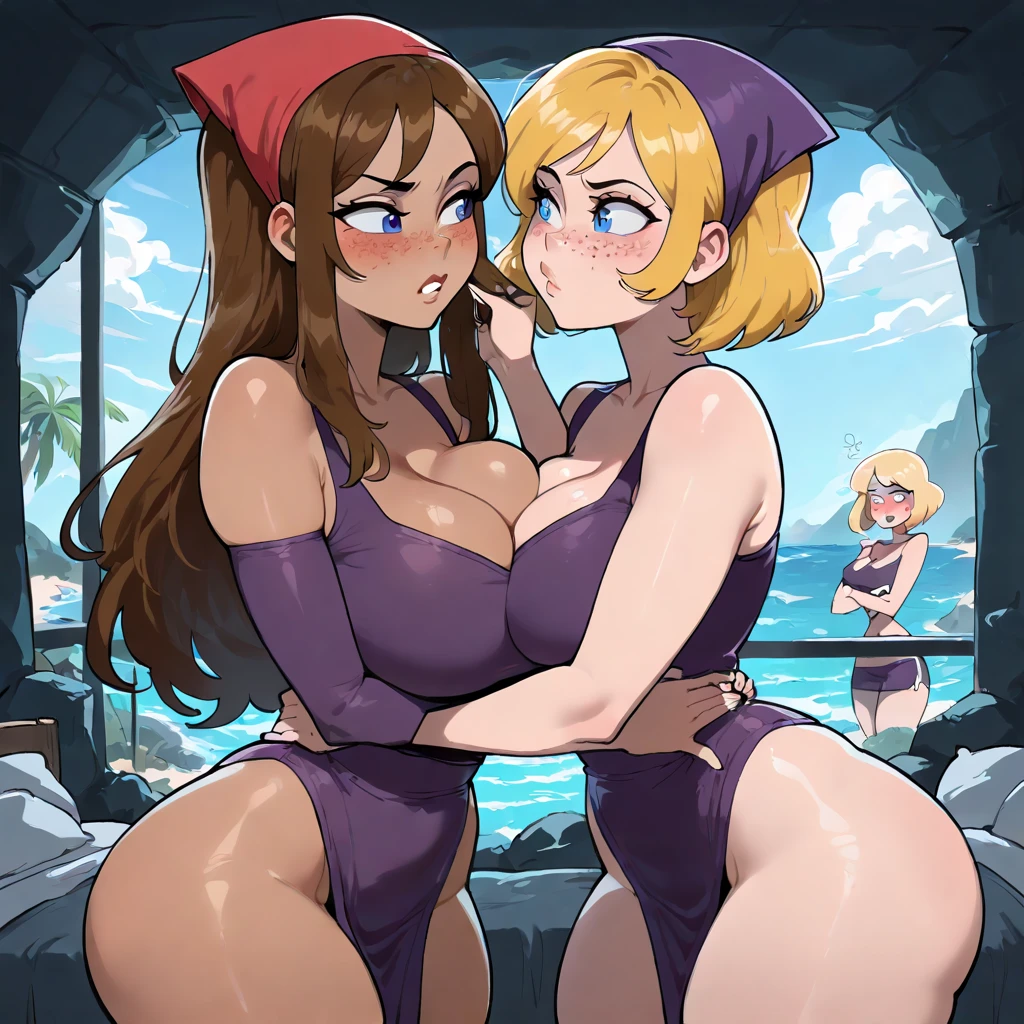 A pov of you looking down two heads of your nude bbw conjoined distinctly older milf wif head on the right side sharing a big jiggly bbw mom bod with your distinctly younger blonde teen cheerleader daughter on a nude beach in front of a crowd of girls. Both of her two heads are playing with her massive 56 N cup breasts. Your wife’s head is whispering dirty talk in her younger second heads ear. The younger head is looking up at you with her plump lips wrapped around your erect penis. The conjoined mommy head is excited as she teaches her younger cheerleader second head to suck cock in public.
